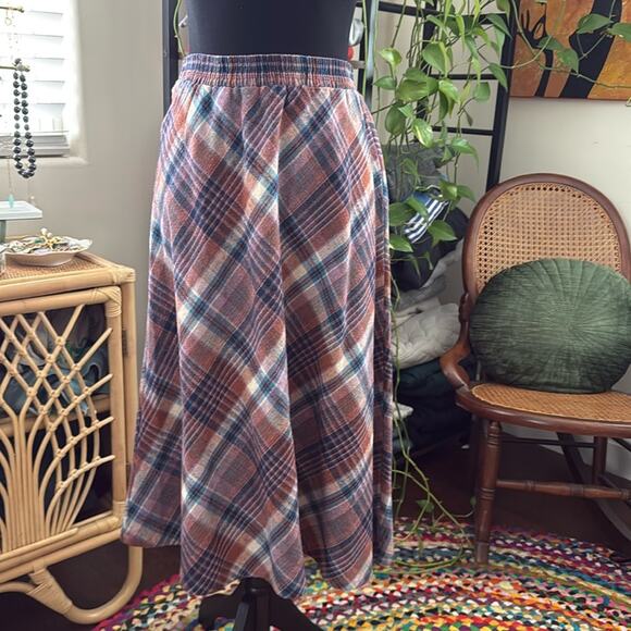 Take 1 Dresses & Skirts - Vintage Take 1 Rust & Lavender Plaid Flannel Preppy Academia Elastic Waist Skirt